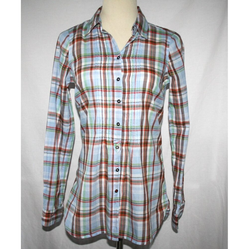 Tommy Hilfiger Plaid Cotton Button Pintuck Pleat Front Shirt Size 4